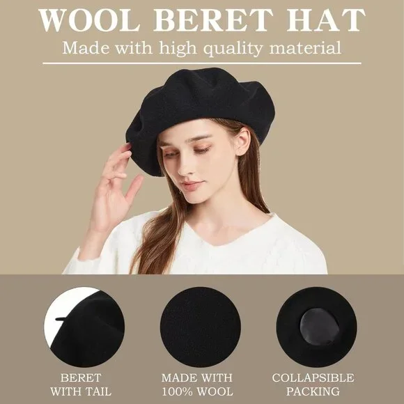XXL 100% Wool French White Beret Hats for Women Man Painter hat Classic Painter'